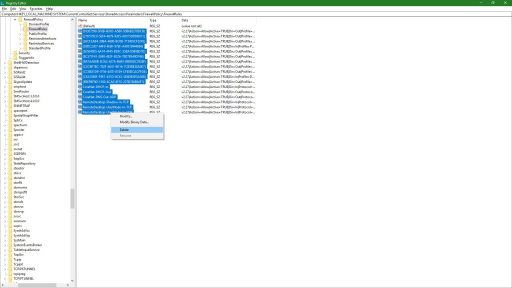 Windows Firewall delete string values from registry