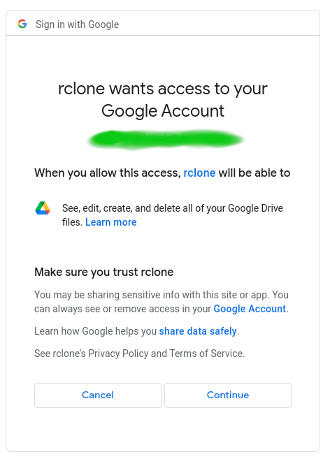 Allow rclone to your Google Account