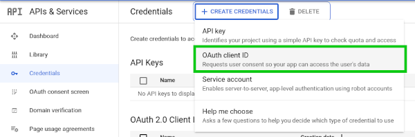Google API add credentials add