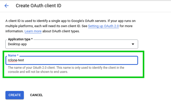 Google API add credentials add name