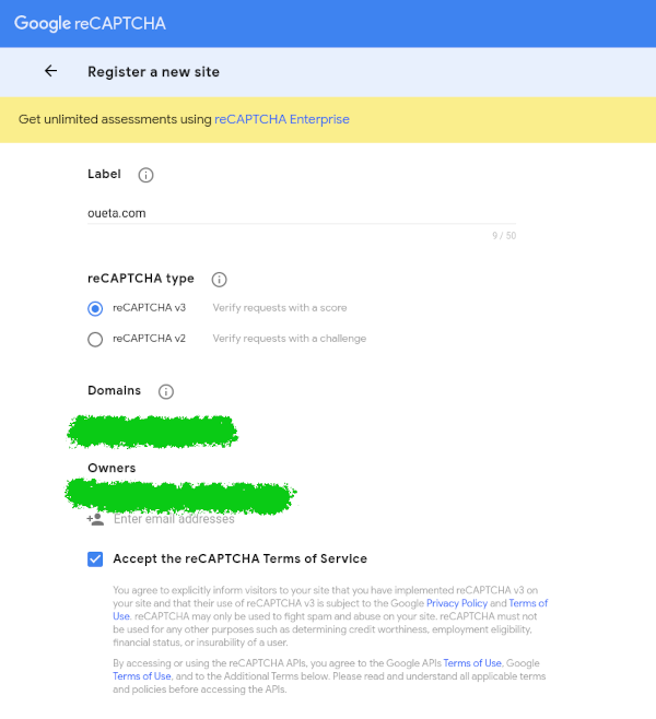 Register Google reCaptcha version 3