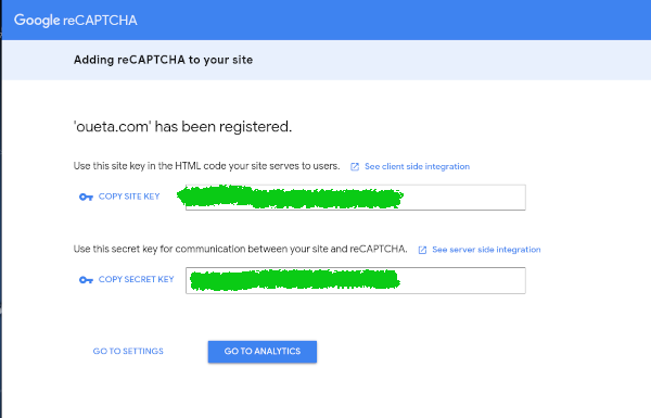 Google recaptcha site and secret key